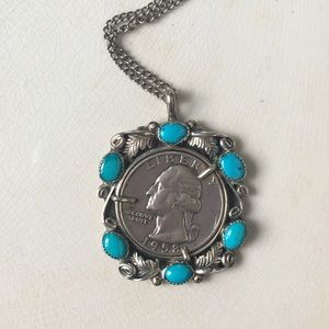 Silver and turquoise coin necklace